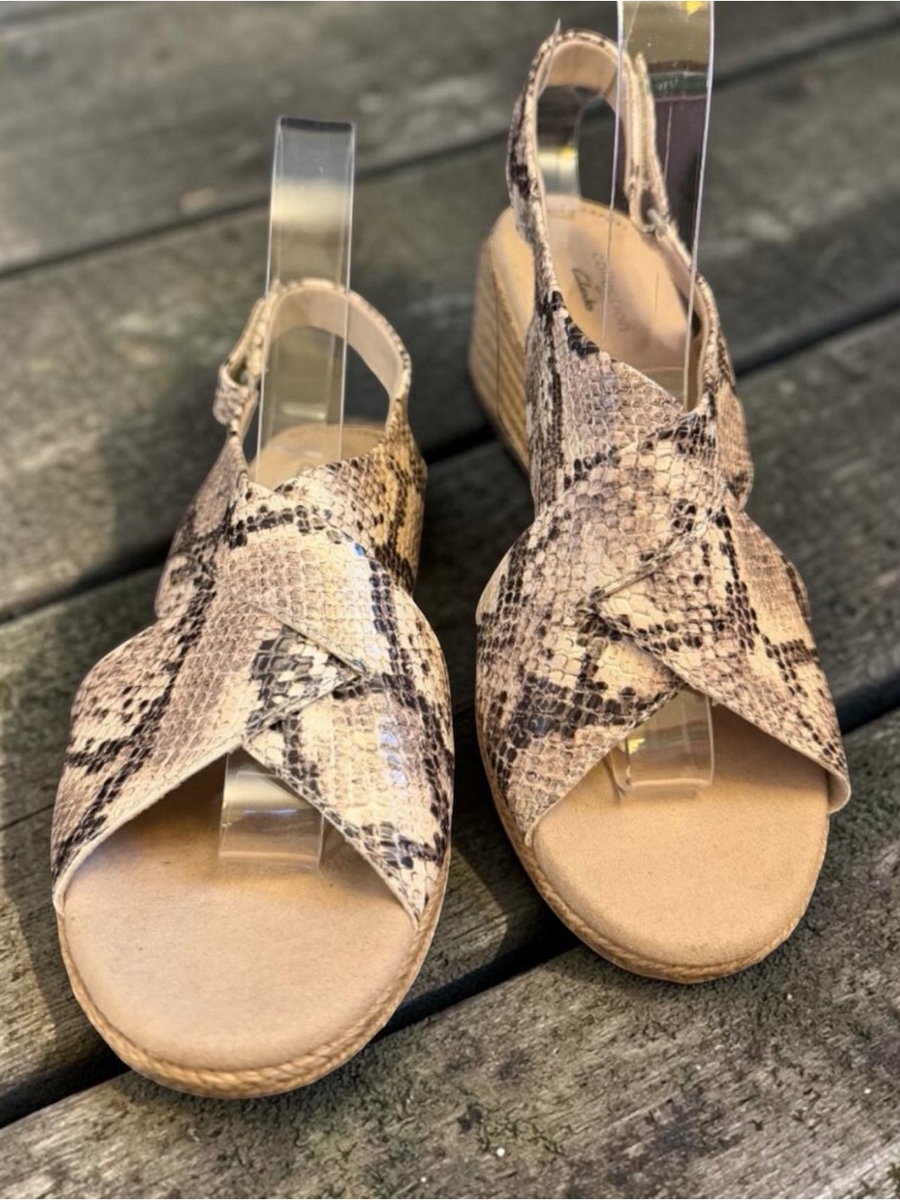 Clarks Lafley Aliane Wedge Taupe & Black Snake Print Veg Leather Sandal Sz 9 1/2